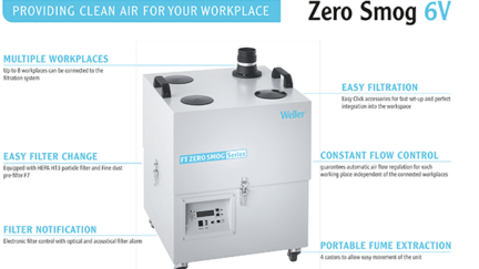 Weller’s Zero Smog 6V Fume Extraction System connects up to 8 workbenches