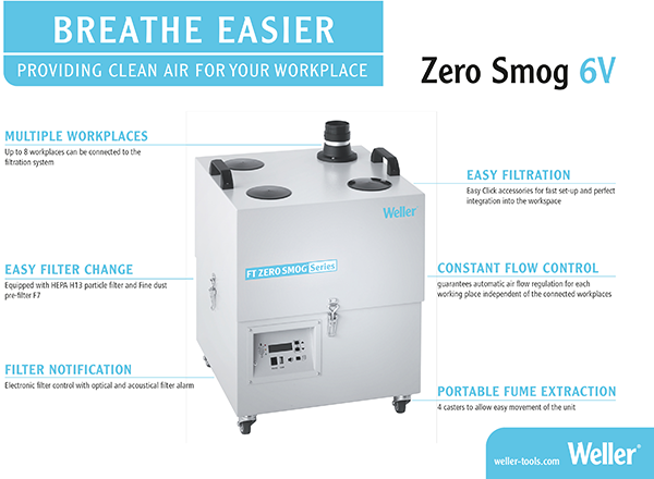 Weller’s Zero Smog 6V Fume Extraction System connects up to 8 workbenches