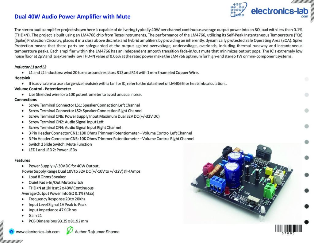 Dual 40W Audio Power Amplifier with Mute