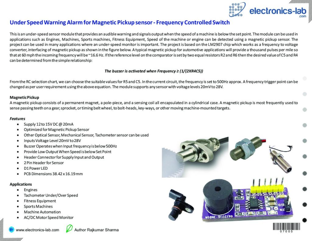 Under Speed Warning Alarm for Pickup sensor Frequency