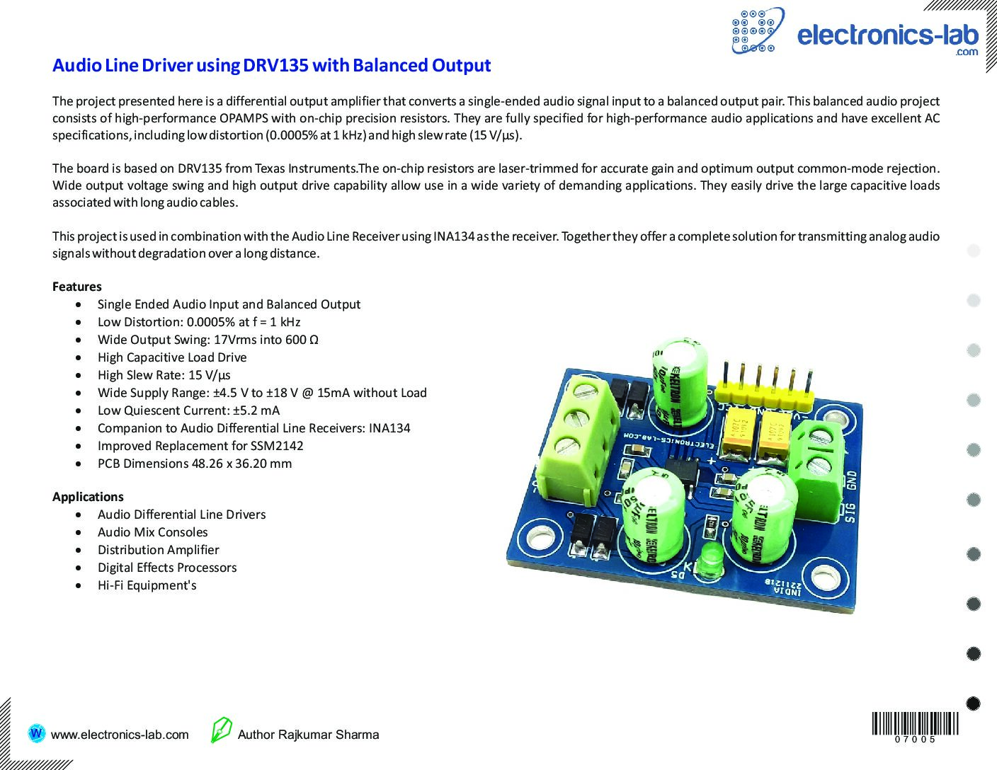 Audio Line Driver using DRV135 with Balanced Output