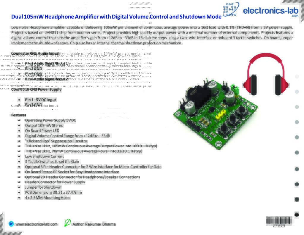 Dual 105mW Headphone Amplifier with Digital Volume Control and Shutdown