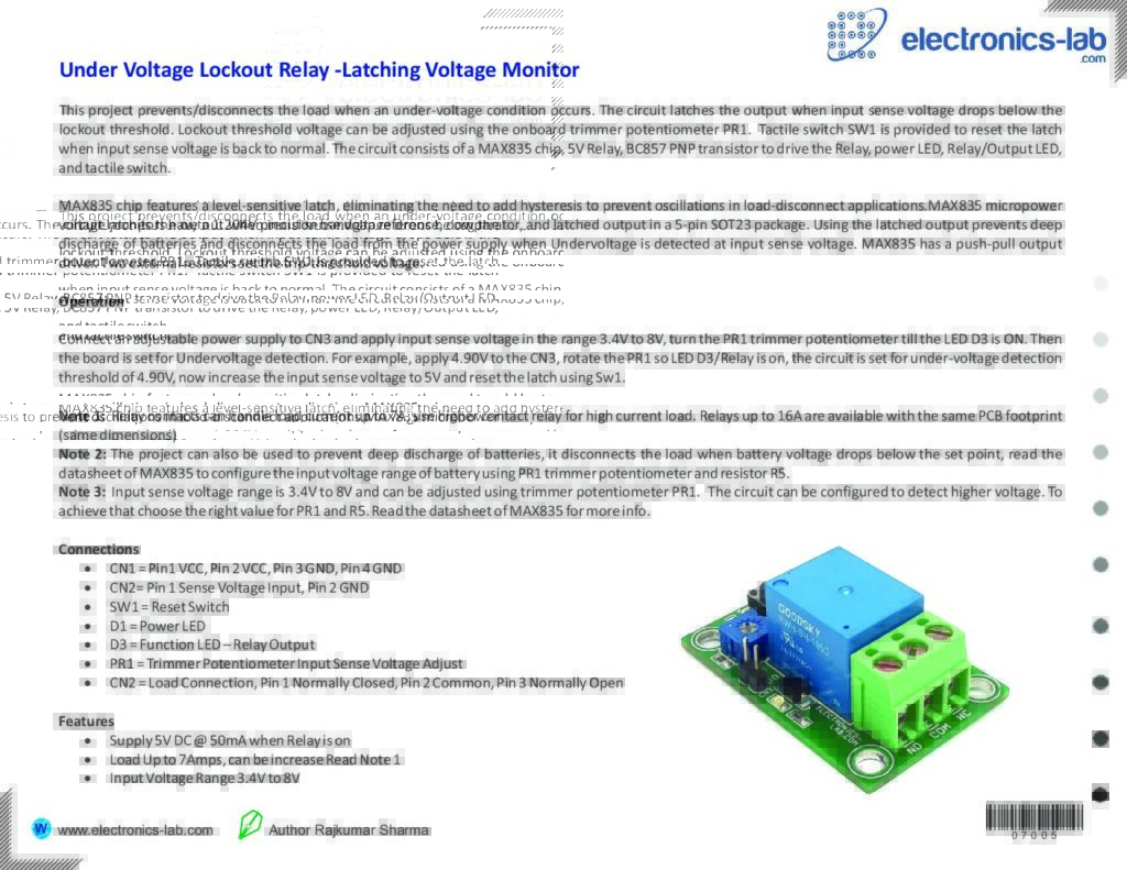 Under Voltage Lockout Relay Latching Voltage Monitor Electronics