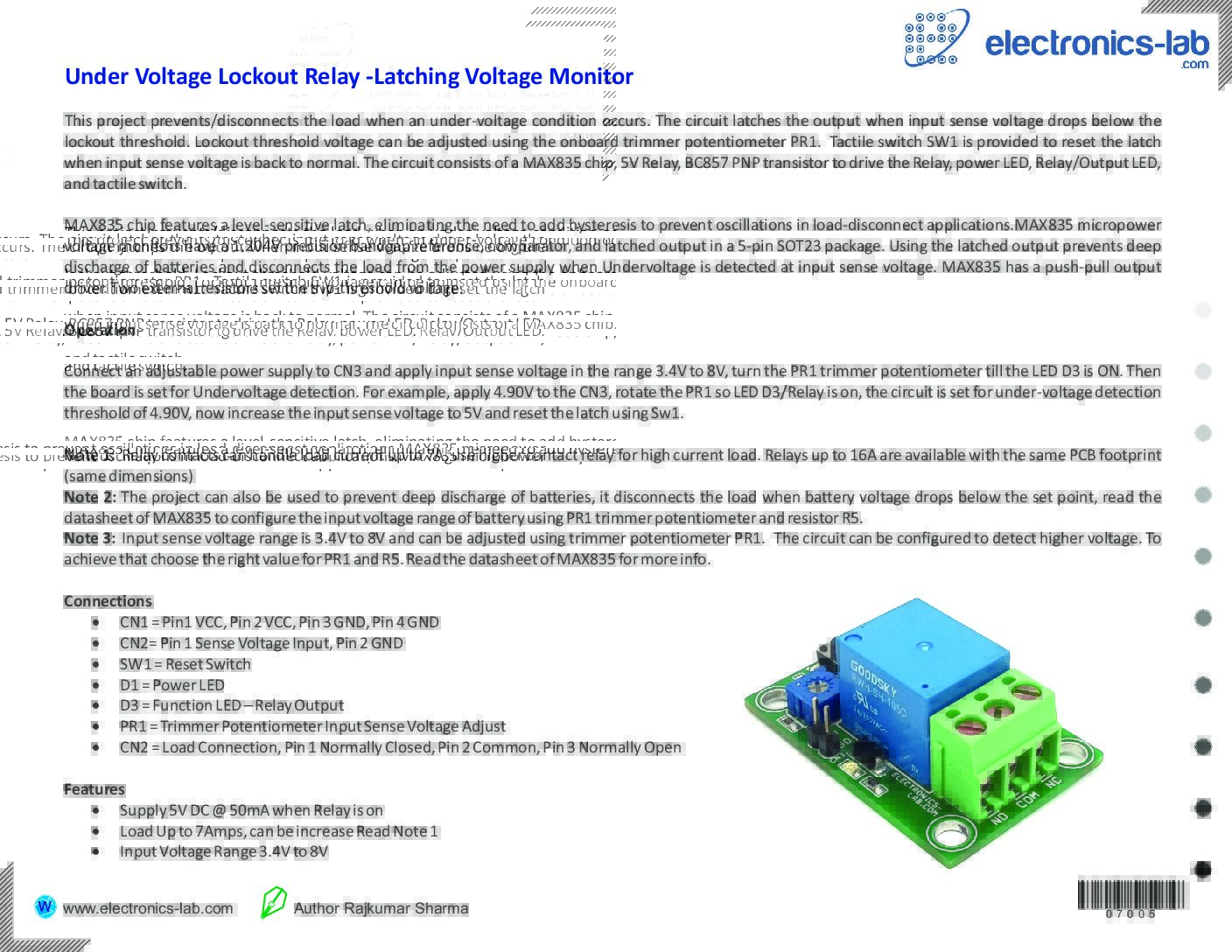 Under Voltage Lockout Relay Latching Voltage Monitor Electronics