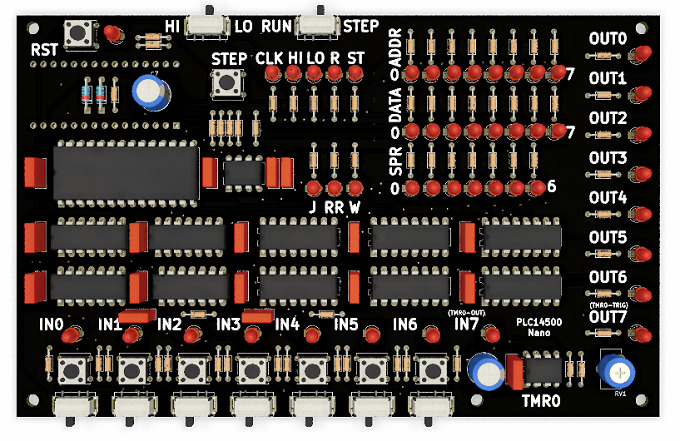 The PLC14500 Nano is a retro-style trainer board intended for the user to familiarize with the Motorola MC14500 1-bit ICU (Industrial Control Unit), PLCs, and Ladder Logic.