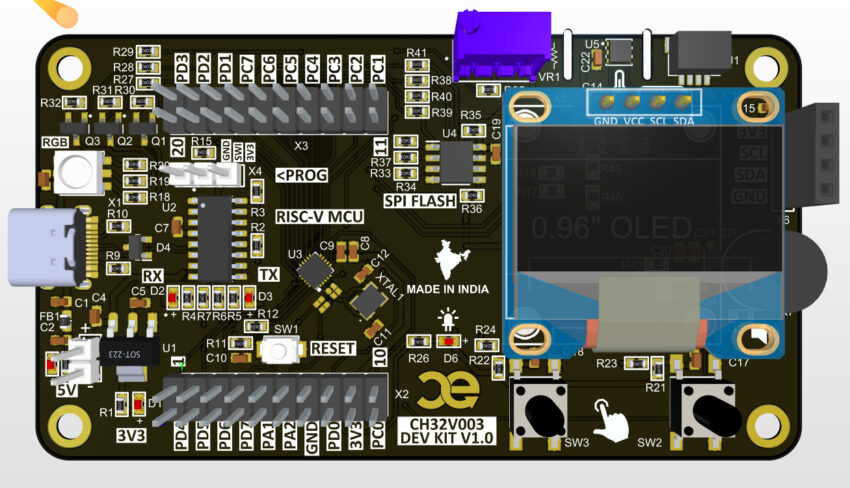 CAPUF Embedded recently released an All-in-One MCU Development Board powered by the popular CH32V003 microcontroller. This board includes a 0.96-inch 128×64 pixel OLED display, along with an integrated buzzer and RGB LED for enhanced functionality.