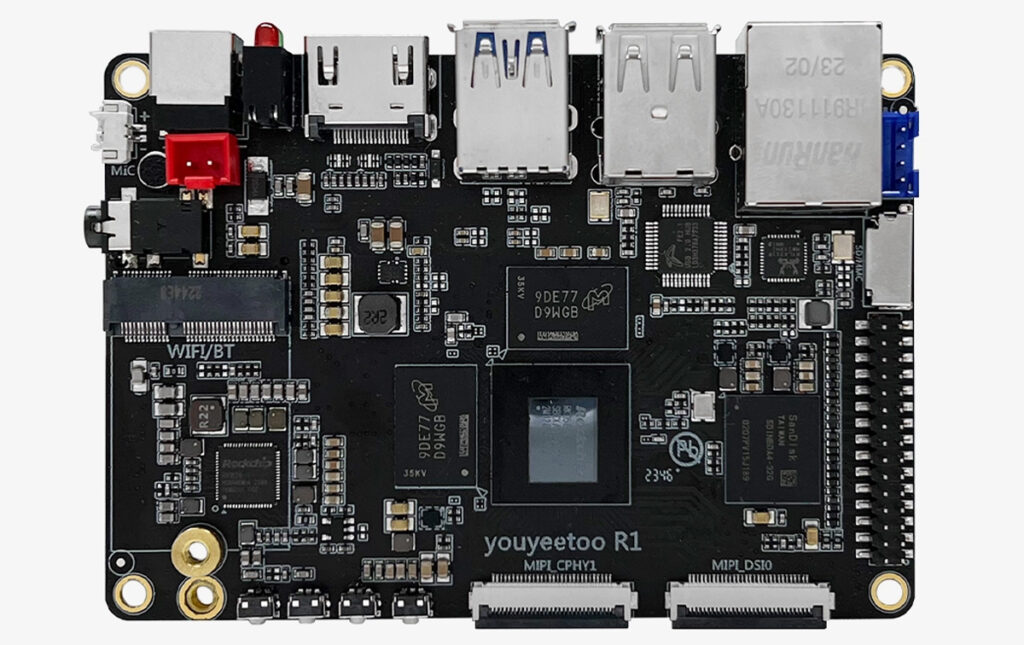 The Youyeetoo R1, is a compact Rockchip RK3588S-based SBC (100×69.3mm) with two M.2 ports, WiFi/Bluetooth, NFC, four display interfaces, and dual MIPI CSI ports. Versatile and powerful.