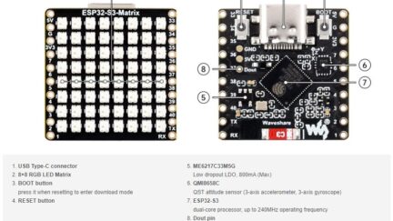 Waveshare ESP32-S3-Matrix Dev Board Features A 8×8 RGB LED Matrix with Attitude Sensors