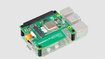 Raspberry Pi M.2 HAT+ with a Hailo AI acceleration module for use with Raspberry Pi 5