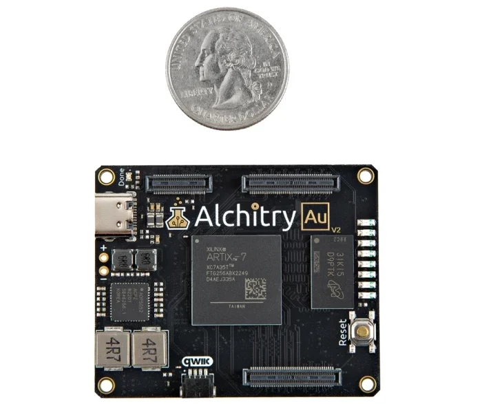 Alchitry Au V2 FPGA development board with expandable add-ons.