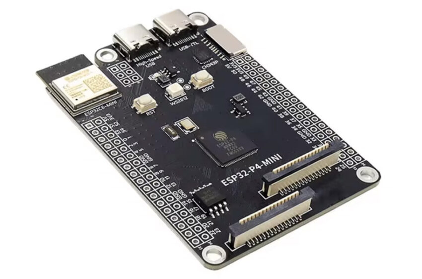 ESP32-P4-MINI development board exposes all I/Os with dual 34-pin headers, supports WiFi 6 with ESP32-C6