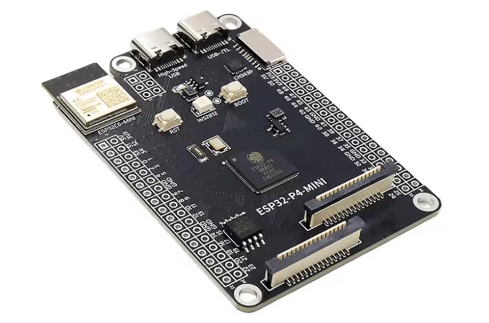ESP32-P4-MINI development board exposes all I/Os with dual 34-pin headers, supports WiFi 6 with ESP32-C6