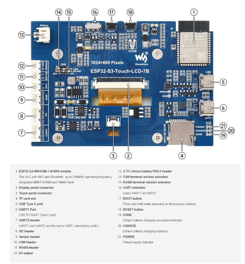 ESP32-S3 7inch Display Development Board Hardwear Overview