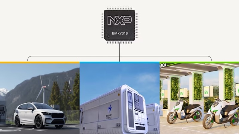 NXP BMAx7318 IC is shown over its applicatins: EVs, energy storage, and electric scooters.