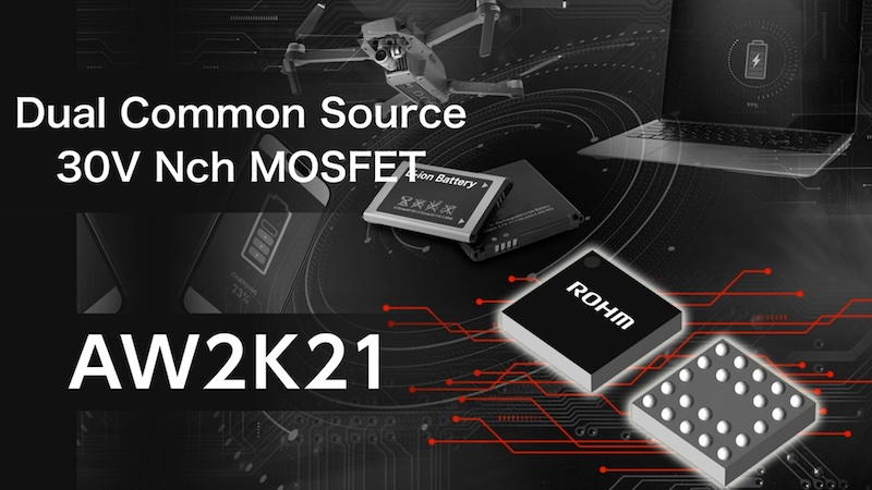 Package view of Rohm AW2K21 MOSFET overlaid con sumer electronics applications