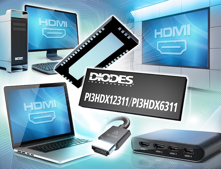 Diodes Redriver IC displayed in front of HDMI displays