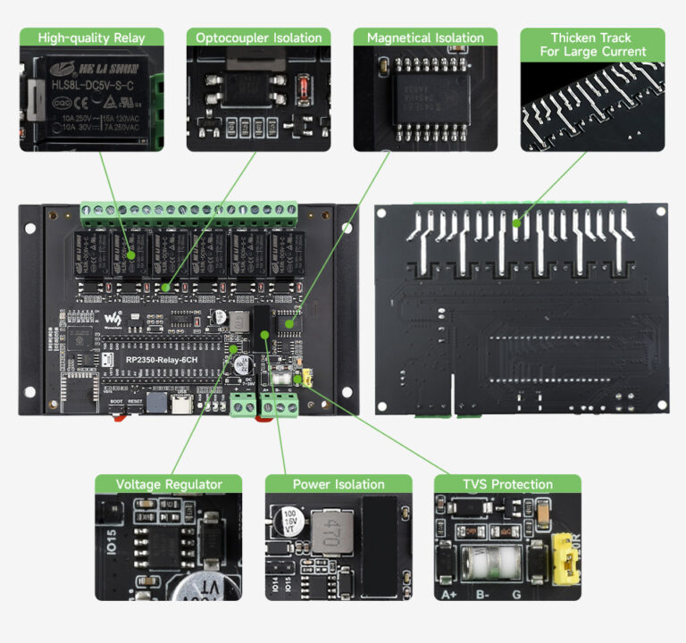 RP2350-Relay-6CH: 6-channel relay module with RS485.