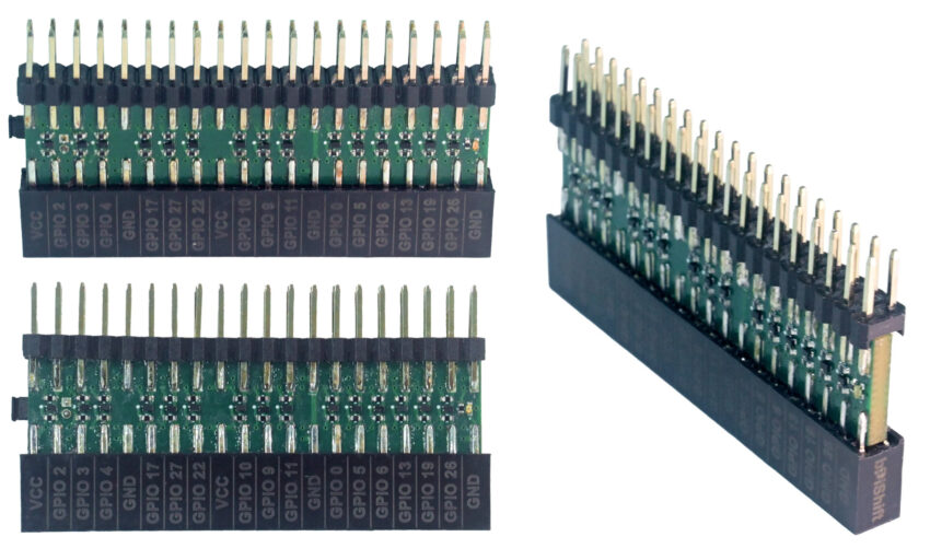 bPiShift is a snap-on, open-source 28-pin bidirectional logic level shifter for Raspberry Pi, with 3.3V to 5V interfac without extra wiring