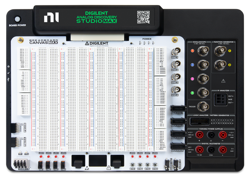 Analog Discovery Studio Max: electronics trainer kit top view