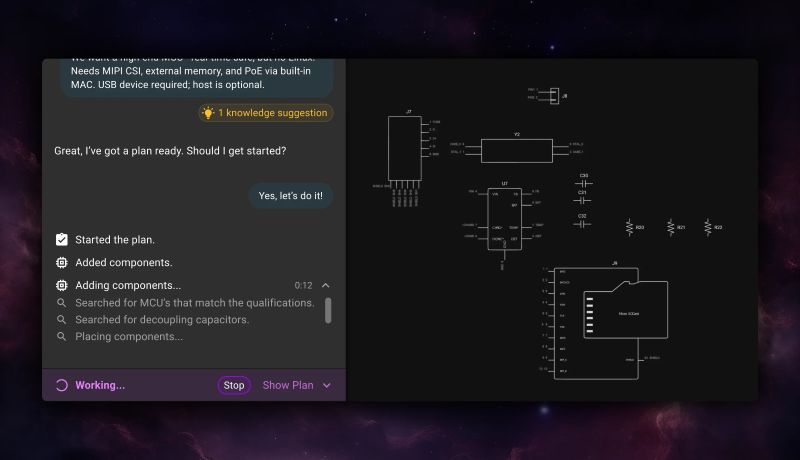 Flux can execute full, multi-step workflows inside the editor, handling structured tasks like component research, schematic wiring, and board routing so users can focus on higher-level decisions