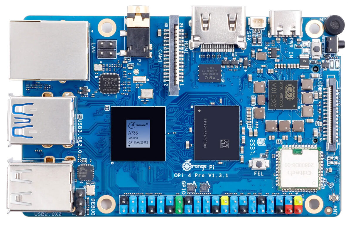 Orange Pi 4 Pro packs an Allwinner A733 octa-core CPU, 3 TOPS NPU, up to 16GB LPDDR5, WiFi 6, PCIe NVMe, and 4K HDMI for AI, robotics, and edge computing projects.
