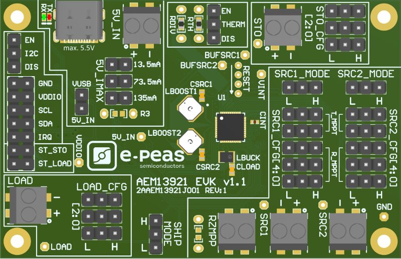 The AEM13921 evaluation board for testing and configuration