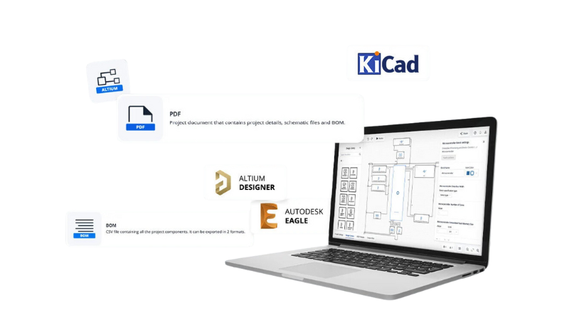 Projects can be directly exported to EDA tools, including Altium Designer, Autodesk EAGLE, and KiCad