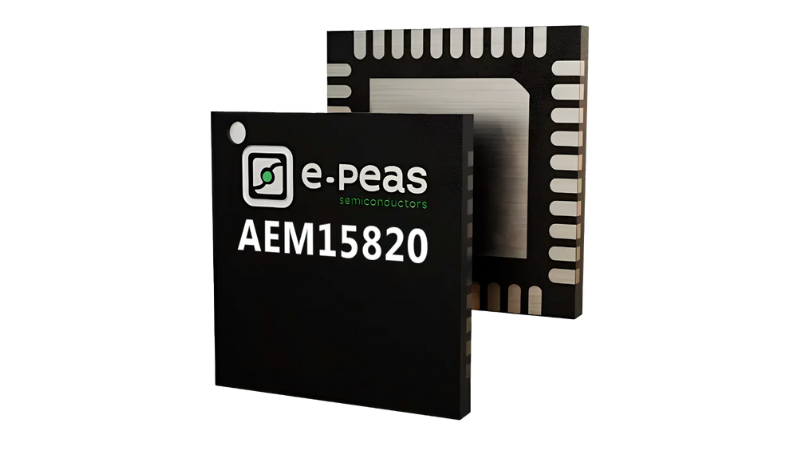 E-Peas’ AEM15820 PMIC comes in a 5 mm × 5 mm QFN40 package and extracts power from indoor and outdoor light sources