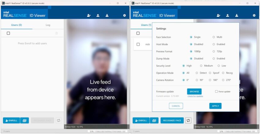 RealSense ID Viewer software