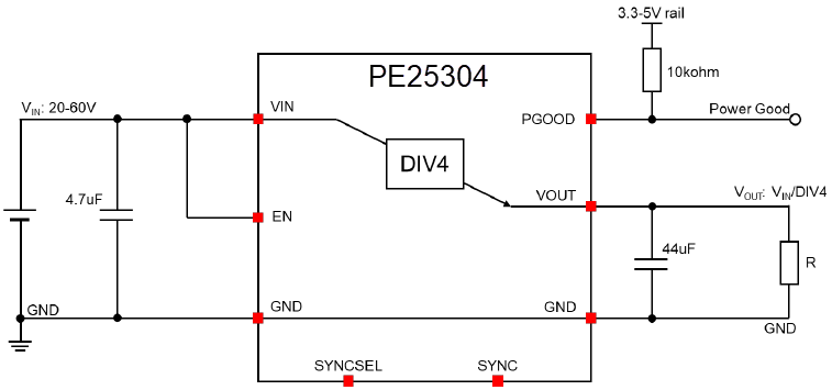 Circuit diagram of the PE25304 DC-DC converter module for step-down conversion applications