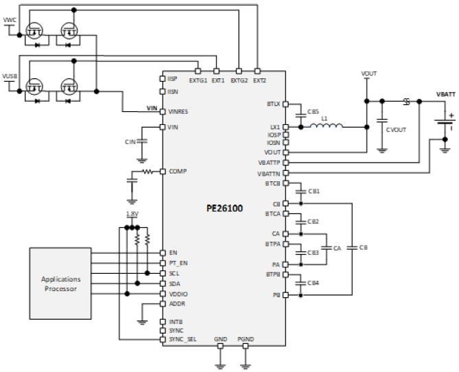 Application circuit of the PE26100 multi-level buck converter for smartphones, tablets, and other mobile devices