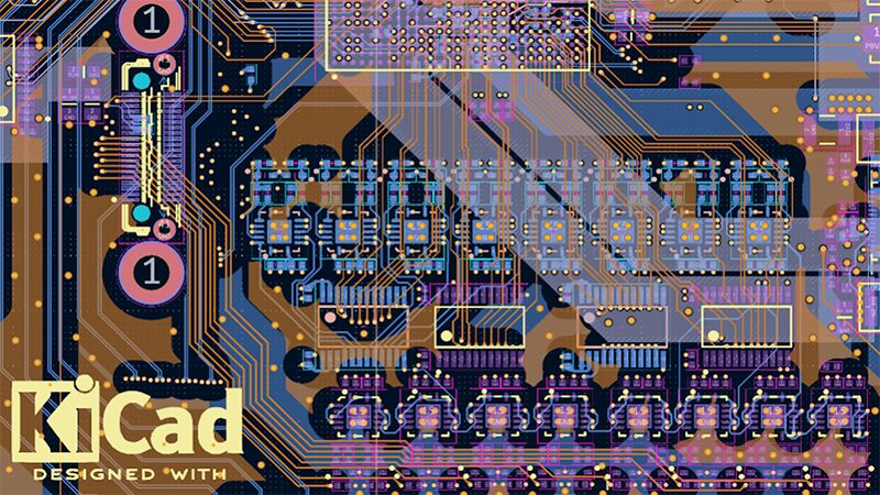 Layout of a printed circuit board made using KiCad.