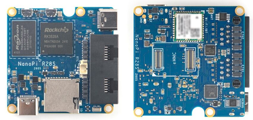 NanoPi R28S development board top and bottom side